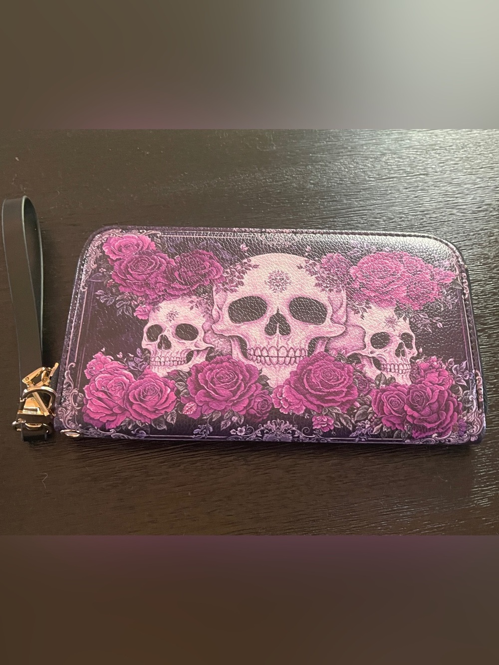 Women's Skull & Rose Zip-Around Wallet - Pink Floral Accent